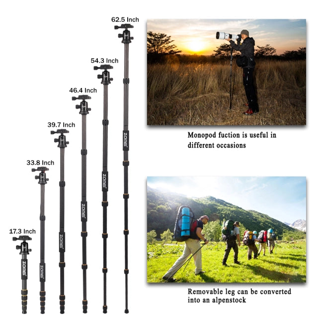 ZOMEi Q666C Folding Carbon Fiber Portable Tripod
