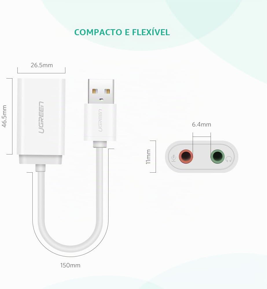 Placa de Som Externa e Adaptador Áudio USB UGREEN 30143 com Entradas P2 3,5mm para Auscultadores e Microfone Plug and Play