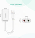 Placa de Som Externa e Adaptador Áudio USB UGREEN 30143 com Entradas P2 3,5mm para Auscultadores e Microfone Plug and Play