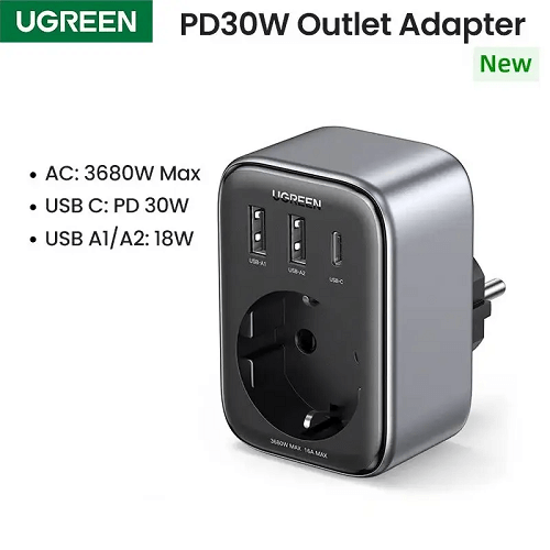 UGREEN CD314 adapter EU/US + 2xUSB-A, 1xUSB-C
