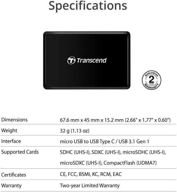 Transcend USB 3.1 Gen 1 Type-C All-in-1 Card Reader