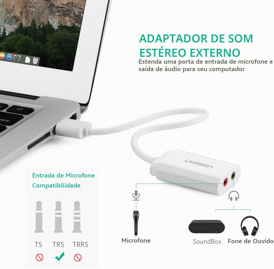 Placa de Som Externa e Adaptador Áudio USB UGREEN 30143 com Entradas P2 3,5mm para Auscultadores e Microfone Plug and Play