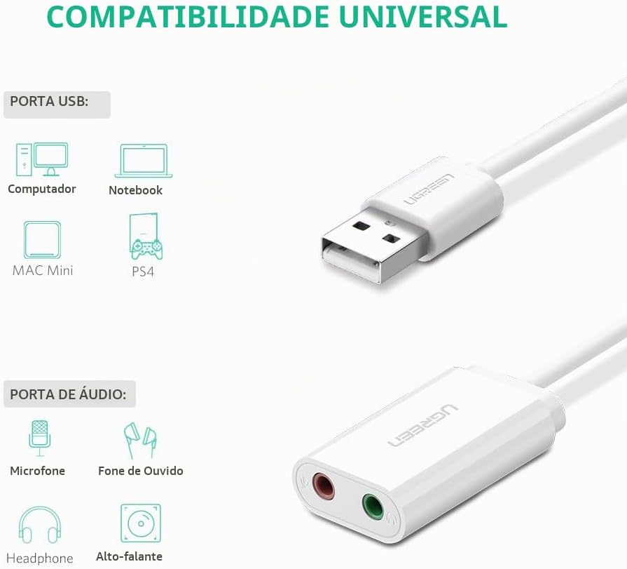 Placa de Som Externa e Adaptador Áudio USB UGREEN 30143 com Entradas P2 3,5mm para Auscultadores e Microfone Plug and Play