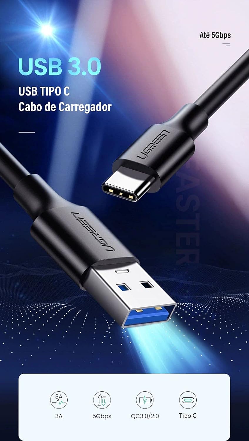 Ugreen Us184 Usb 3.0 p Usb Tipo C 1.5M Preto Cabo de Dados