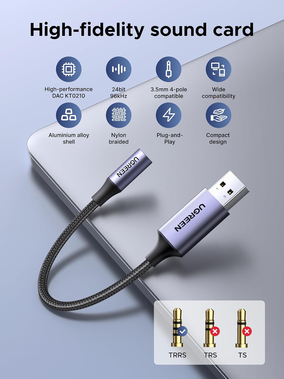 Adaptador de Som e Placa de Som Externa USB 2.0 UGREEN 30757 com Entradas P2 3,5mm para Fone e Microfone