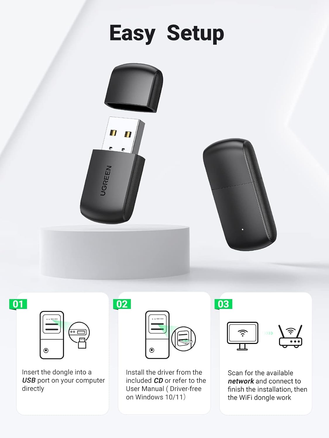 UGREEN AC650 USB WiFi Adapter for Desktop PC 5G 2.4G Dual Band WiFi Dongle