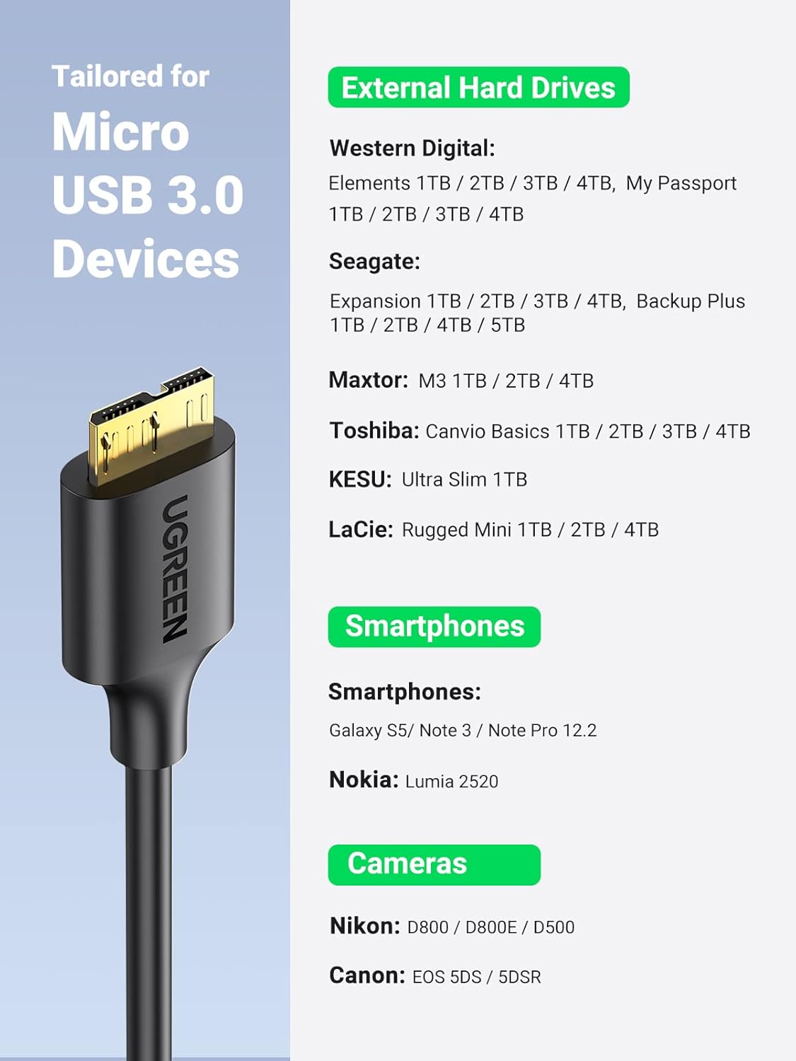 Ugreen US130 10841 cable with USB-A 3.0 - micro USB-B connectors, 1 m long - black