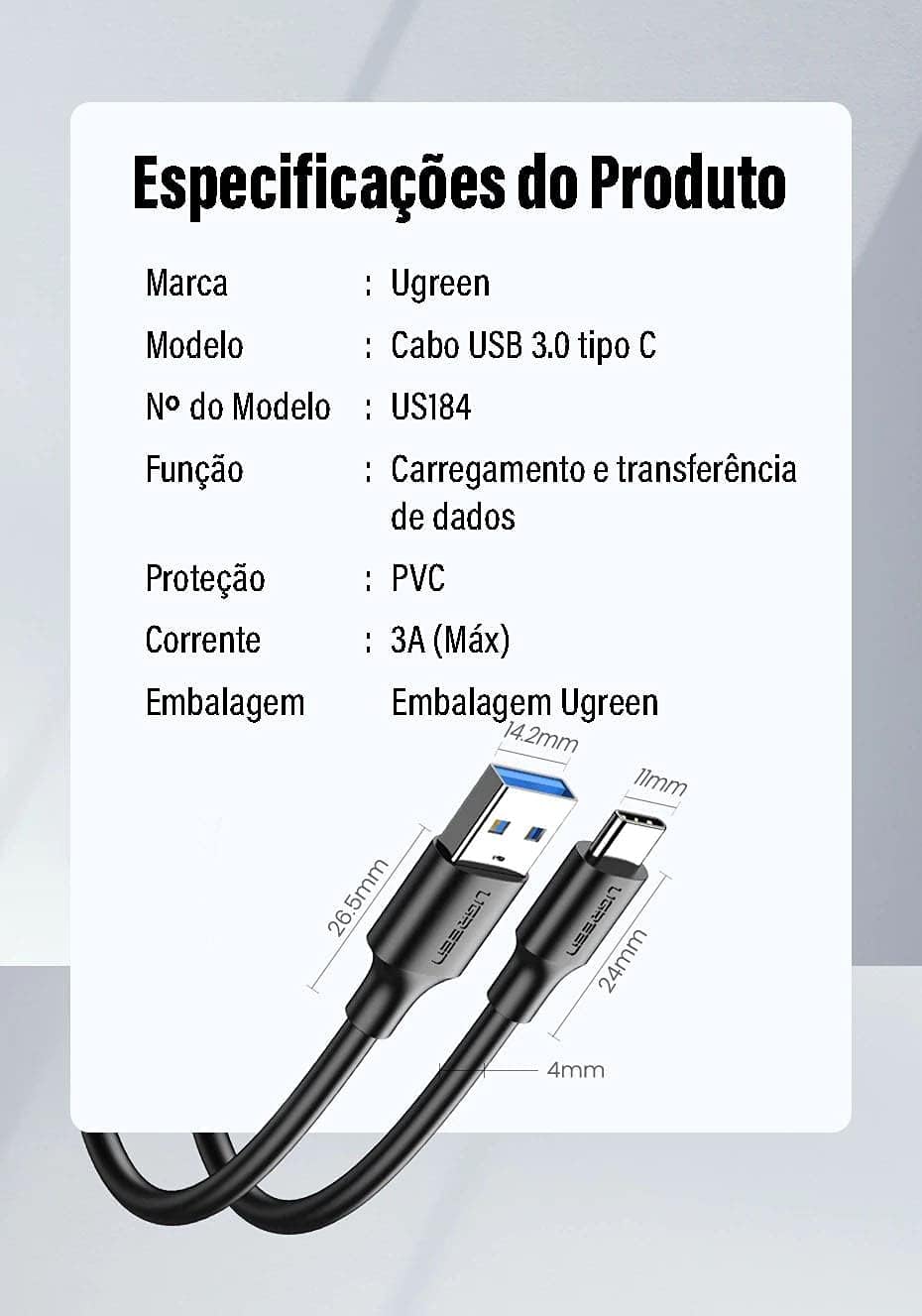 Ugreen Us184 Usb 3.0 p Usb Tipo C 1.5M Preto Cabo de Dados
