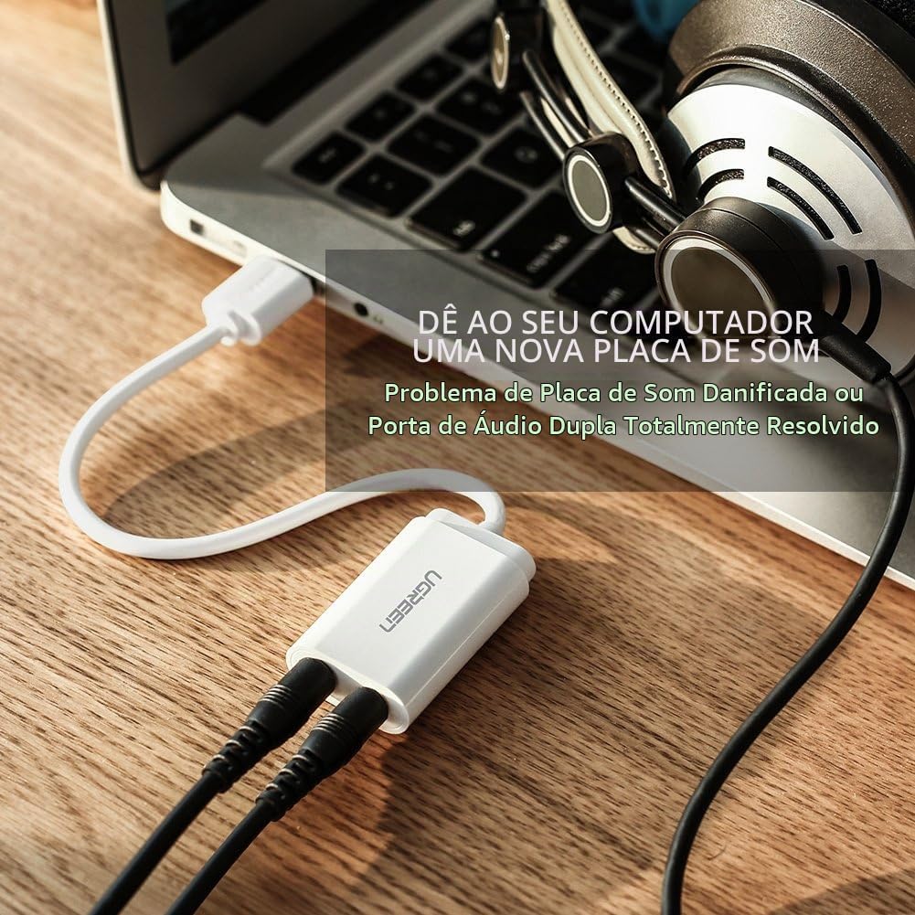 Placa de Som Externa e Adaptador Áudio USB UGREEN 30143 com Entradas P2 3,5mm para Auscultadores e Microfone Plug and Play