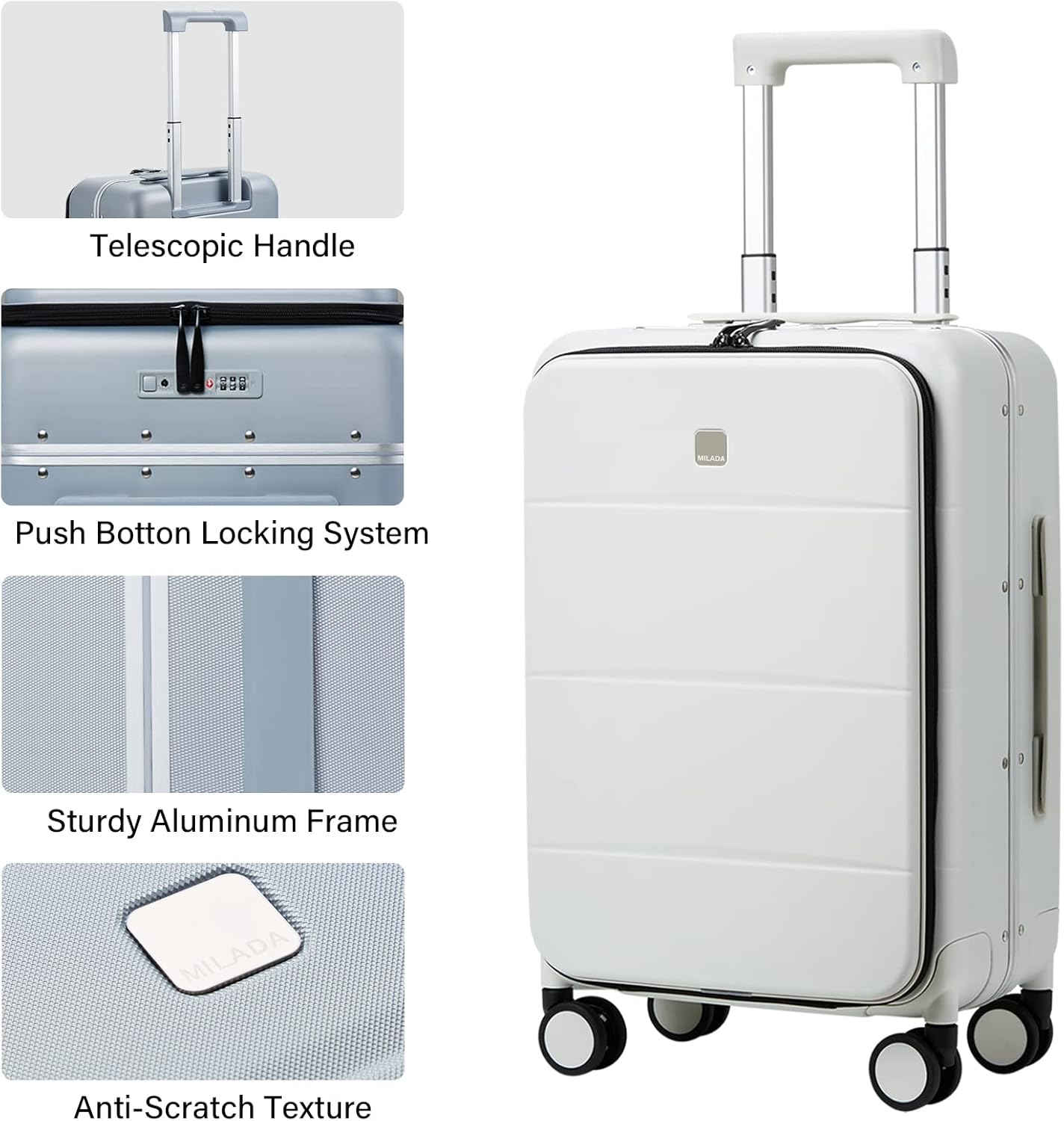 MILADA Elegant Wide Handle Carry On Luggage Travel Suitcase.