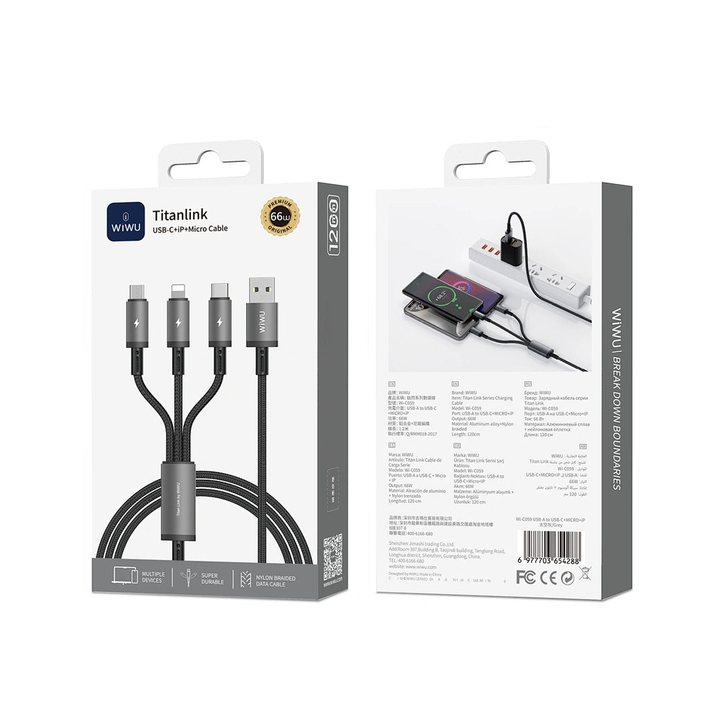 WiWU 1.2m 66W USB-A TITAN LINK Series 3 em 1 – Wi-C059