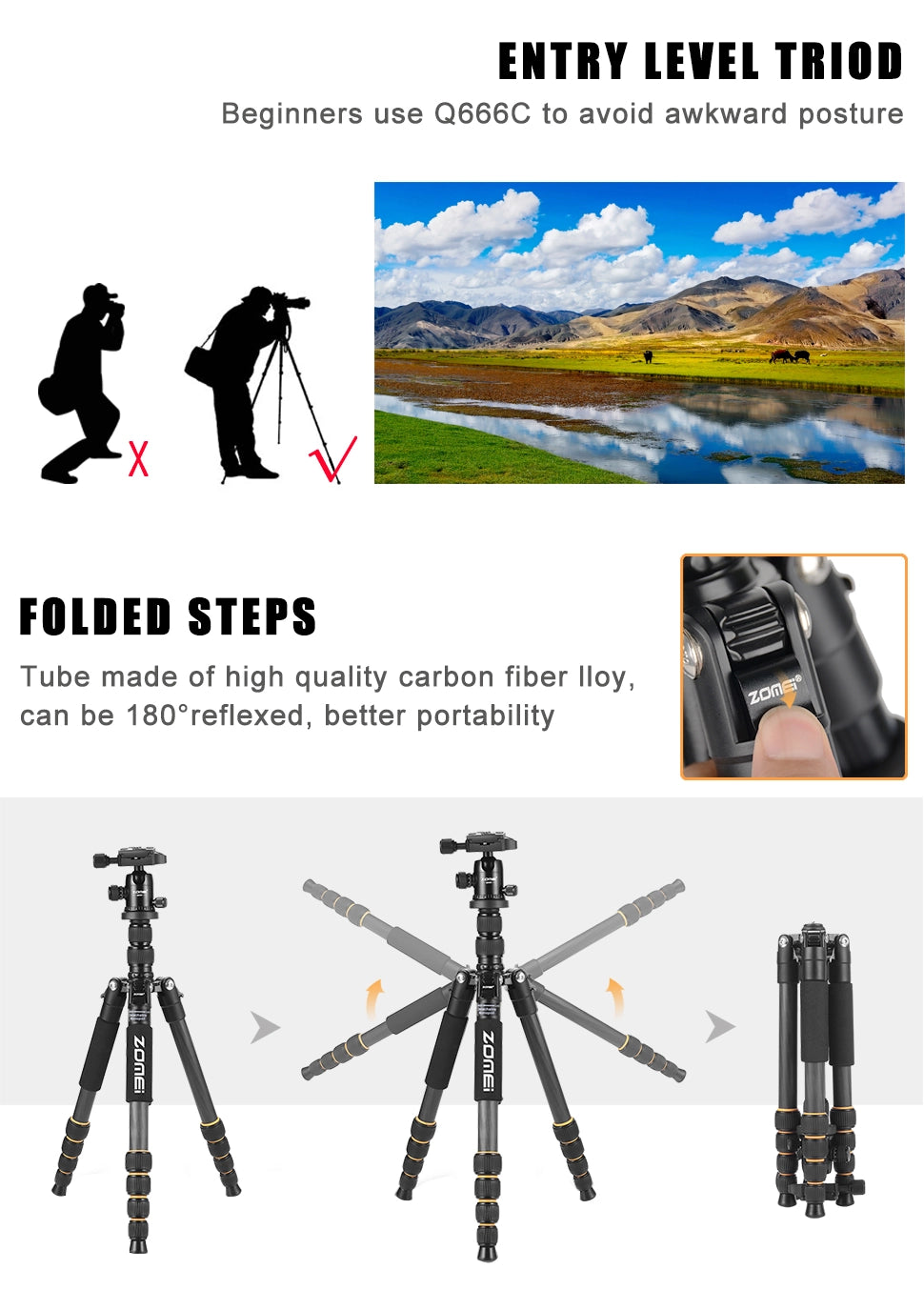 ZOMEi Q666C Folding Carbon Fiber Portable Tripod