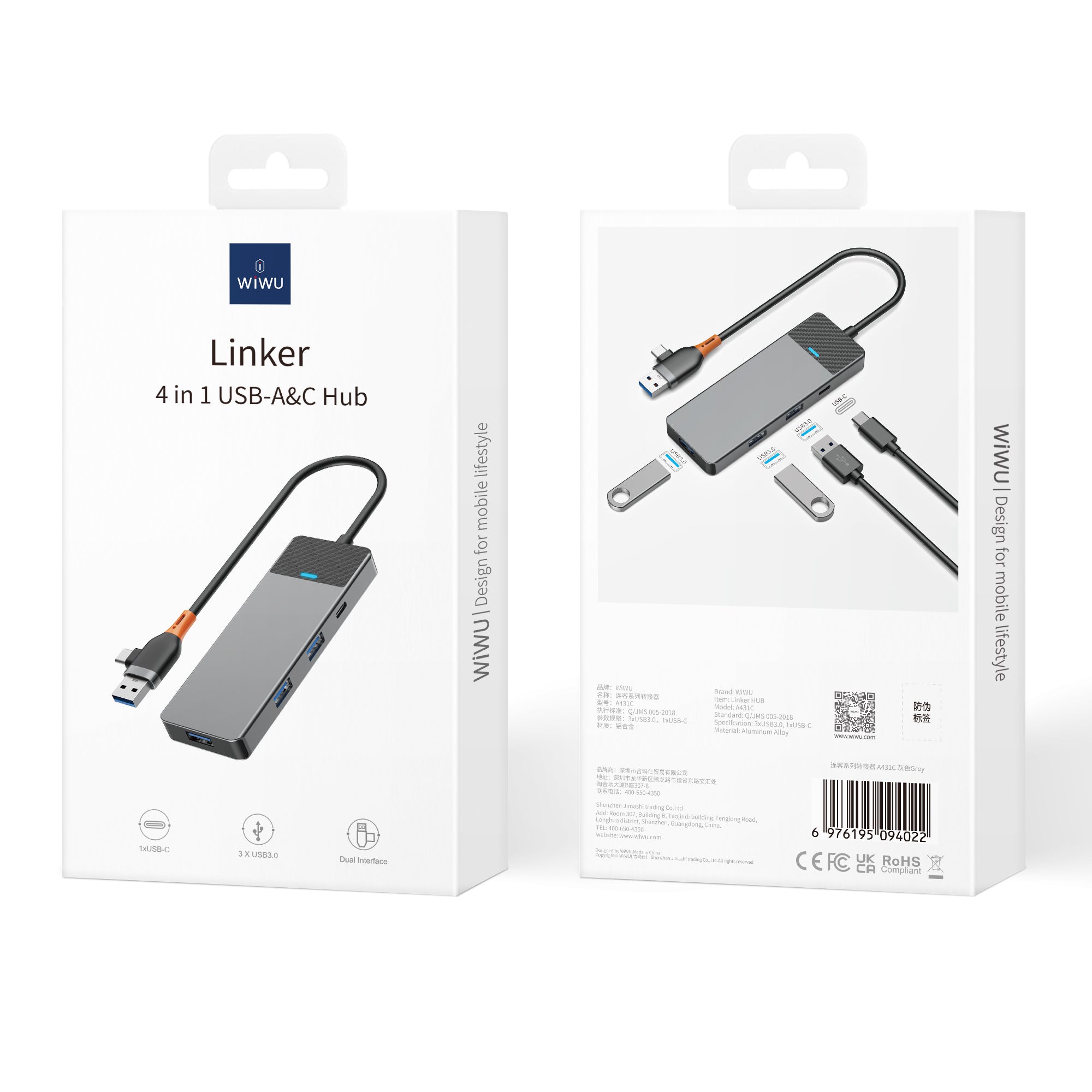 WIWU A431C Linker Series USB-A&amp;C Hub Adapter 4-in-1