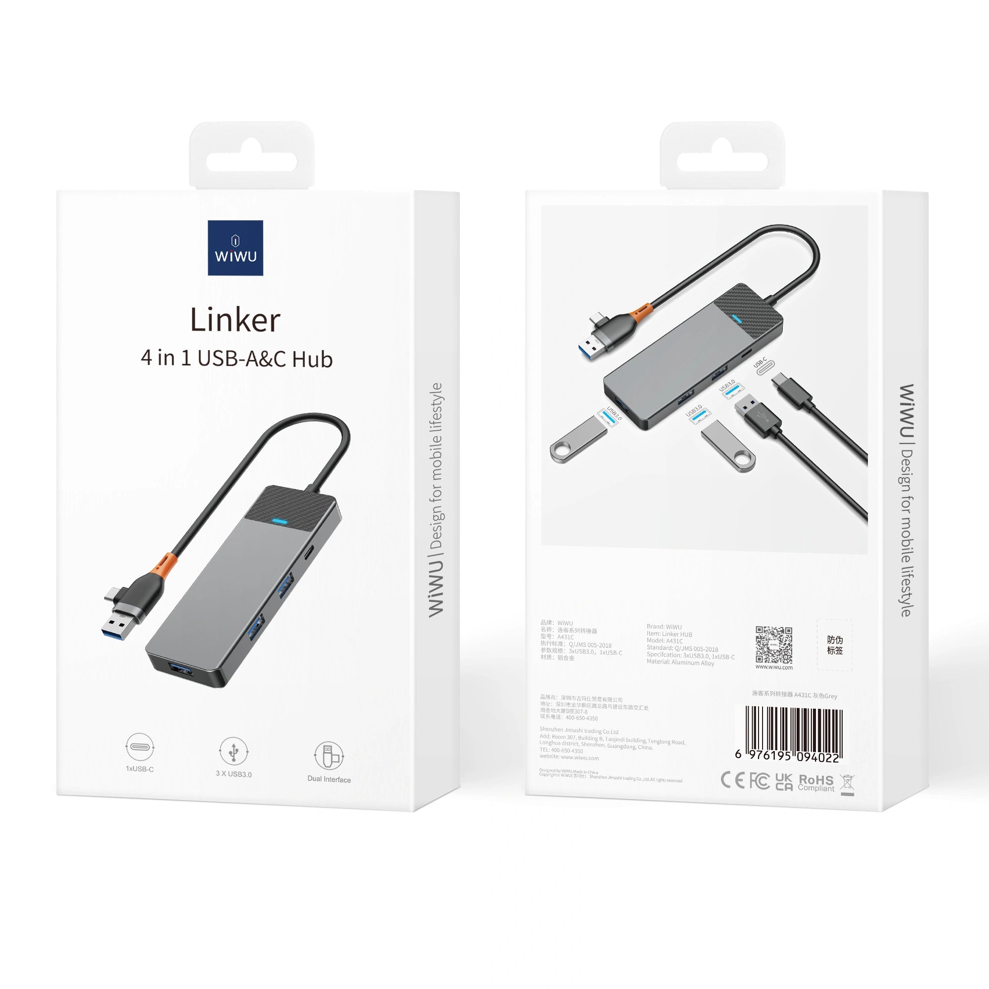 WIWU A431C Linker Series USB-A&amp;C Hub Adapter 4-in-1