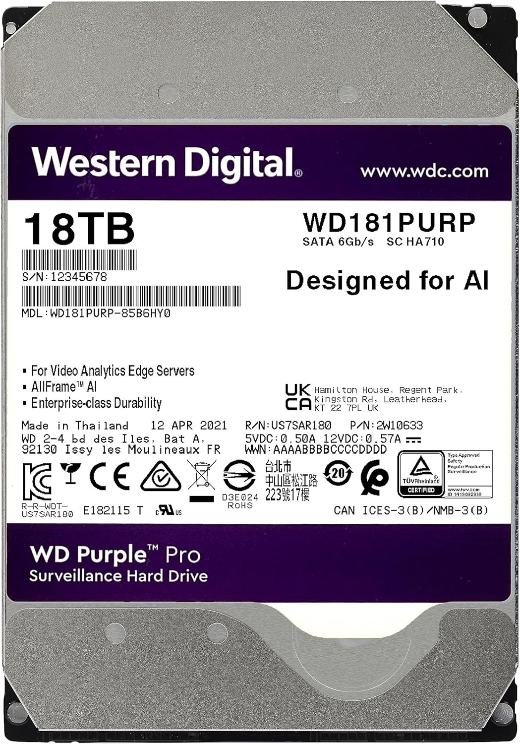 WD Purple Pro Smart Video Hard Drive - 18TB