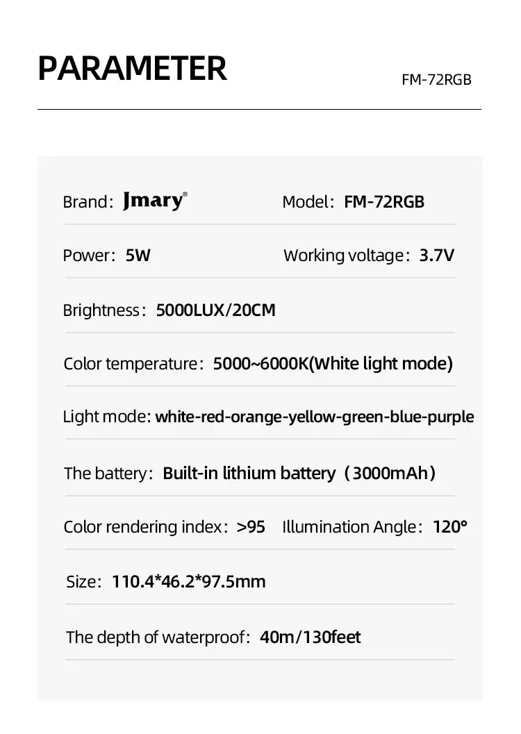 Jmary Waterproof RGB Video Fill Light FM-72RGB