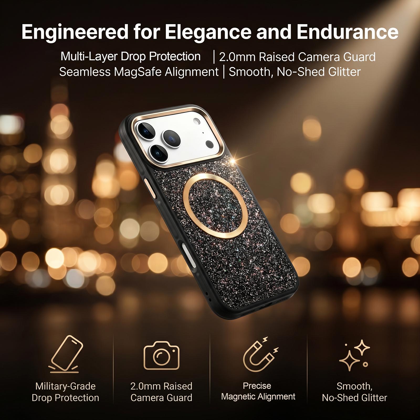 Capa RMO Shuck Up MagSafe Glitter/Texturizada com Proteção de Câmera para iPhone 17/18 Pro Max