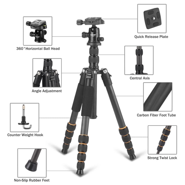ZOMEi Q666C Folding Carbon Fiber Portable Tripod