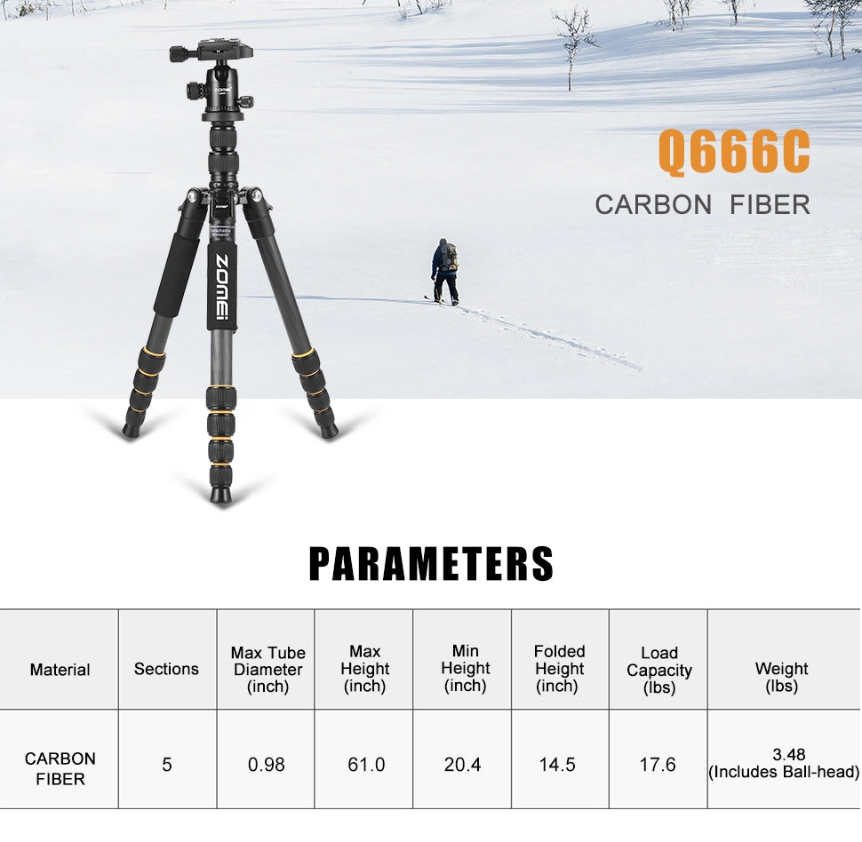 ZOMEi Q666C Folding Carbon Fiber Portable Tripod