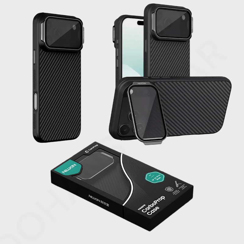 Capa Nillkin CarboProp MagSafe com Suporte e Proteção de Câmara CamProp para iPhone 17 Pro Max / iPhone 18 Pro Max – Fibra de Aramida / Preta