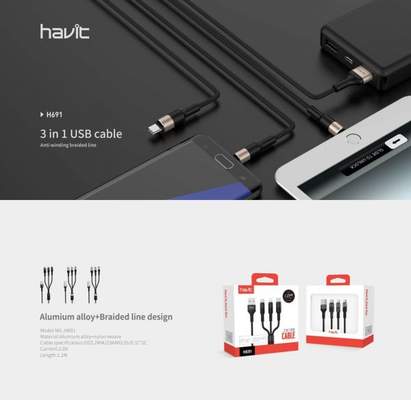Havit H691 Cabo de Dados e Carregamento 3 em 1 de 1,2m