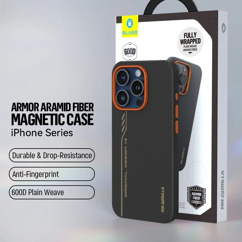 BL032 - Capa Magnética de Aramida Preto e Laranja para iPhone 16 Pro Max