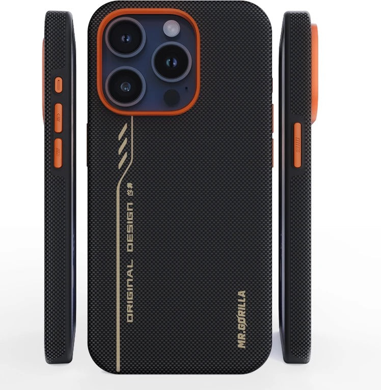 BL032 - Capa Magnética de Aramida Preto e Laranja para iPhone 16 Pro Max