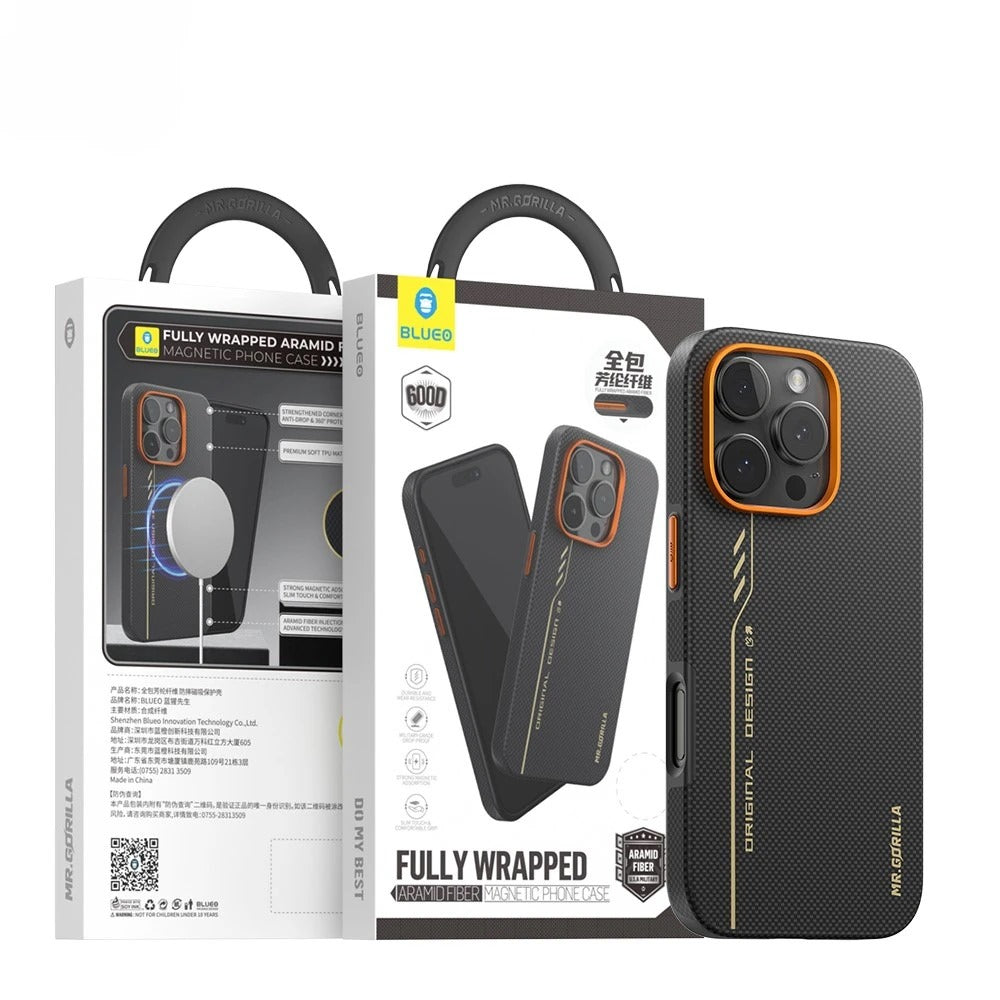 BL032 - Capa Magnética de Aramida Preto e Laranja para iPhone 16 Pro Max