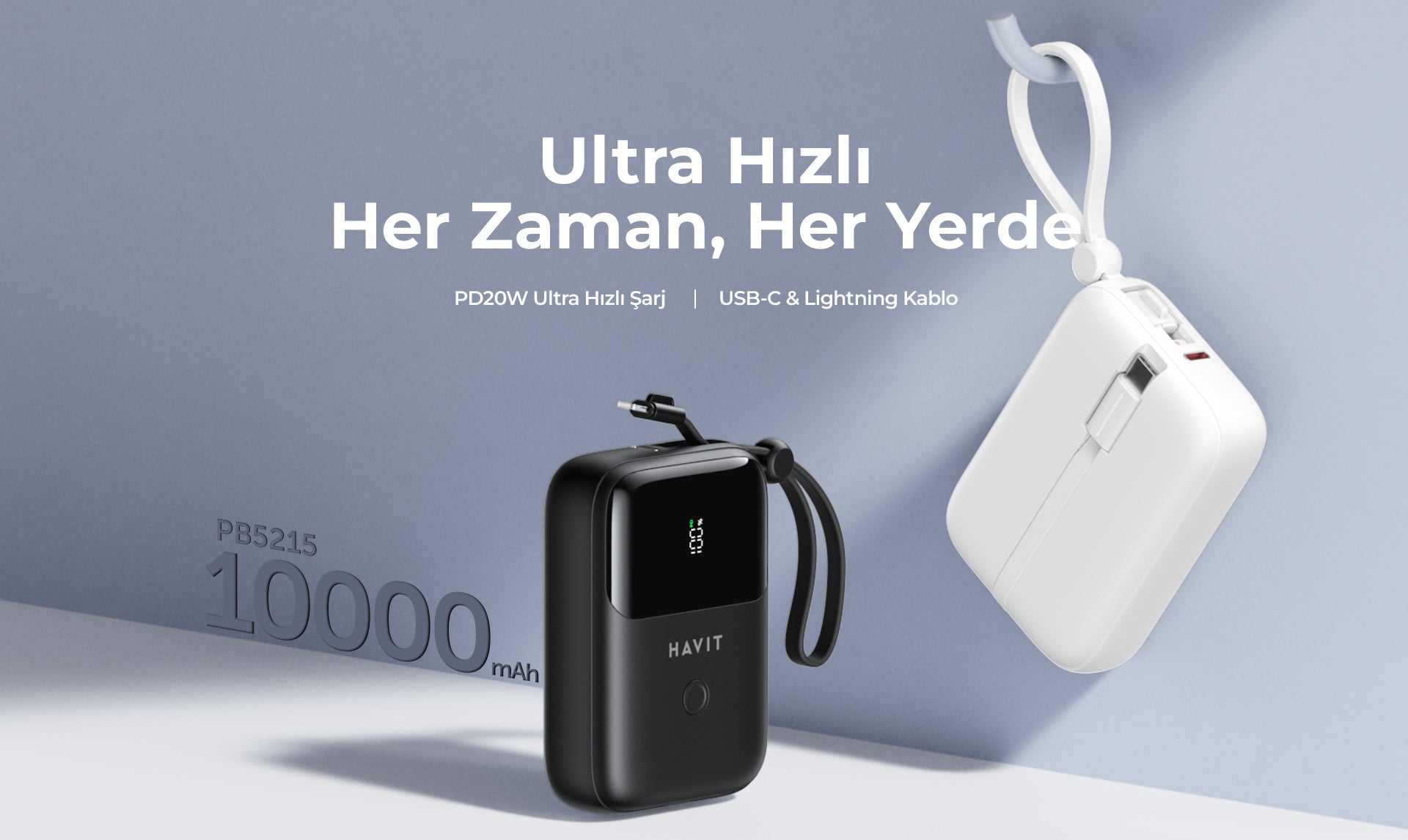 Banco de Potência Havit PB5215 PD20W Powerbank 10000mAh com Cabo USB-C e Lightning