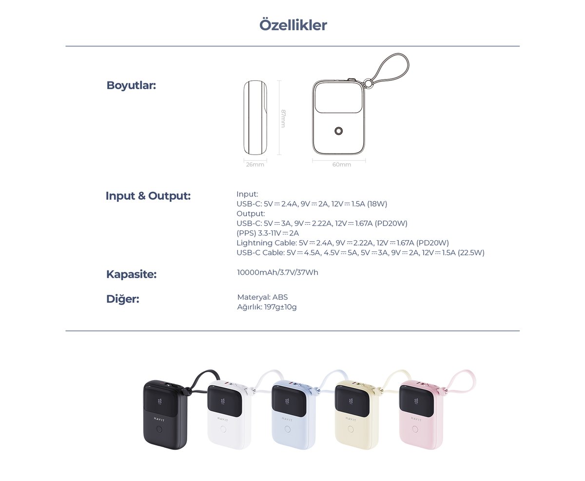 Banco de Potência Havit PB5215 PD20W Powerbank 10000mAh com Cabo USB-C e Lightning