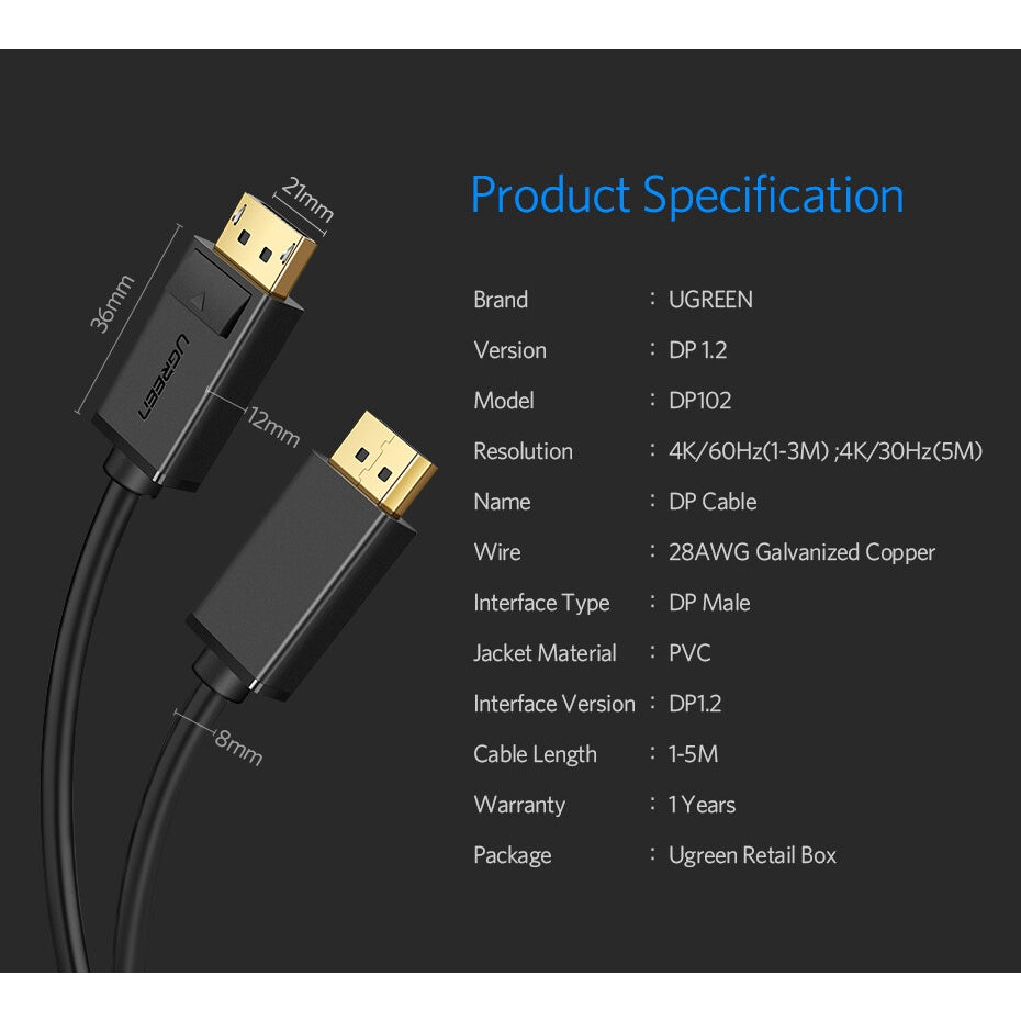 Ugreen Cabo 10244 Displayport Male to Male 1m