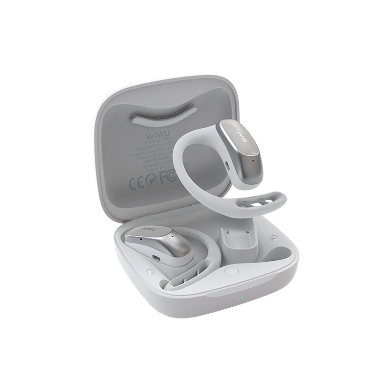 WiWU O600 earbuds and charging case in white