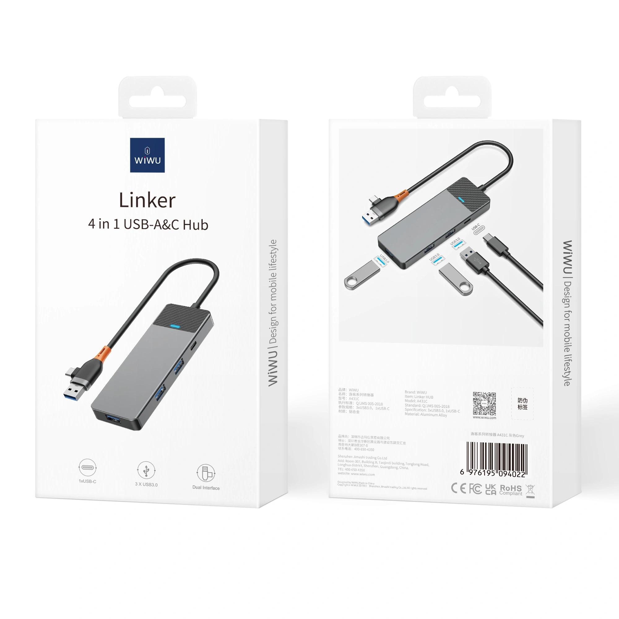 WIWU A431C Linker Series USB-A&C Hub Adapter 4-in-1
