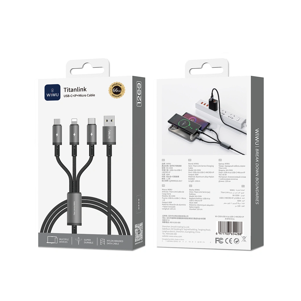 WiWU 1.2m 66W USB-A TITAN LINK Series 3 em 1 – Wi-C059